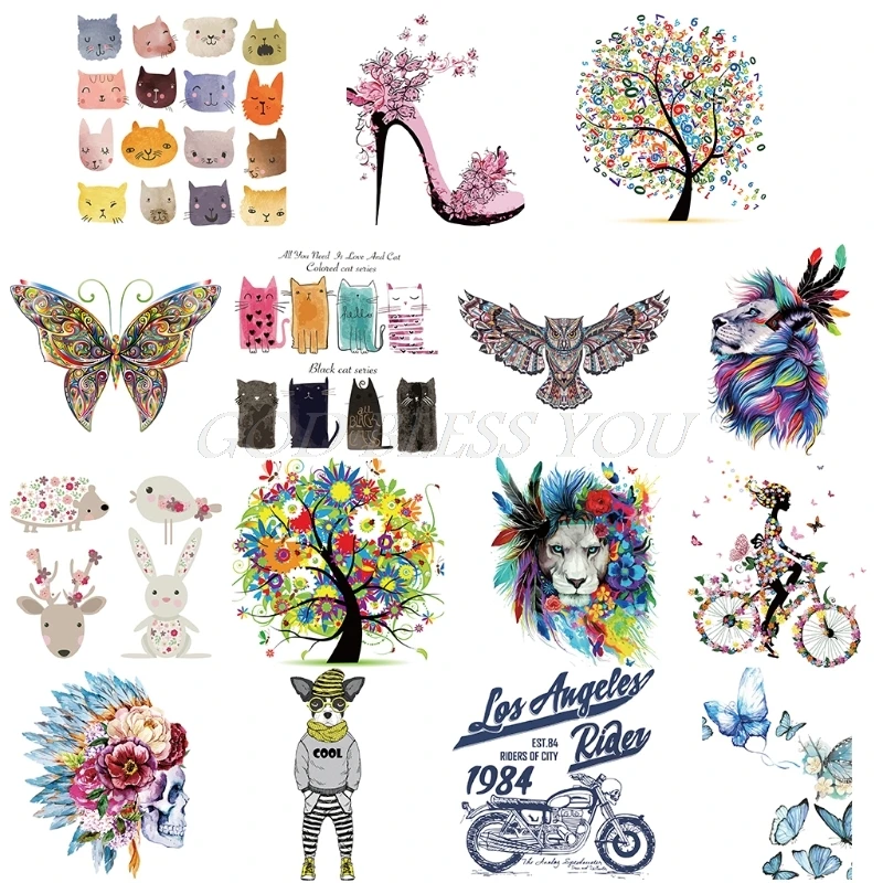 

Animal Clothes Patches Heat Transfer Stickers Washable Iron On Appliques Ornament DIY Printing Patches Flower Cat Craft Clothes