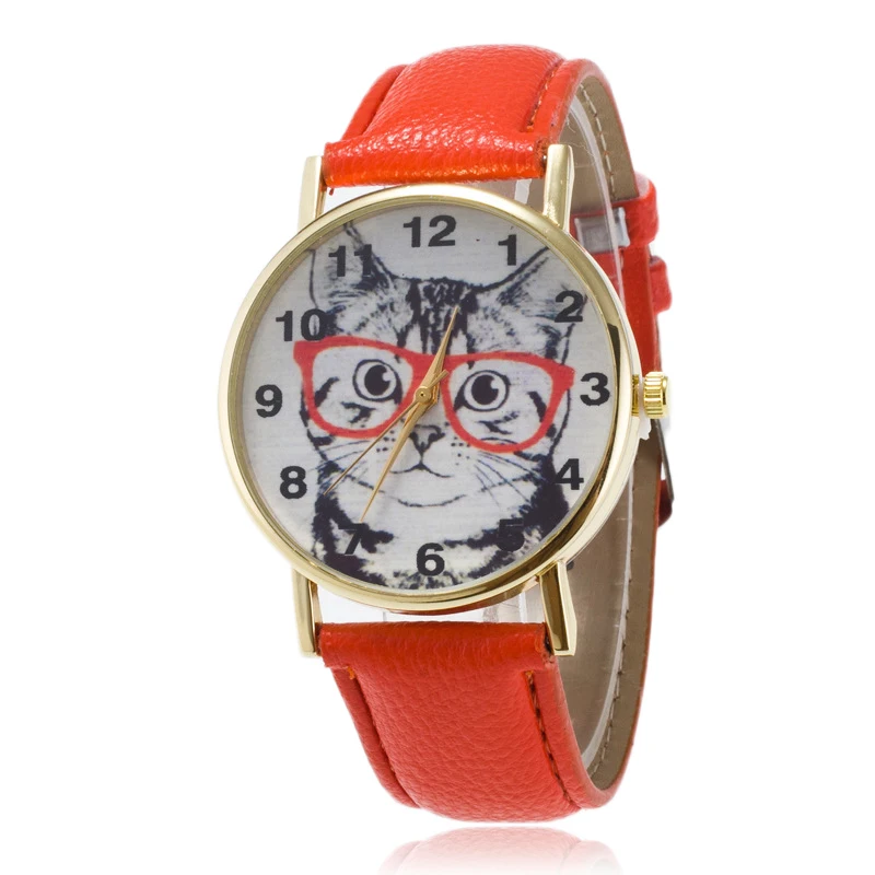 Fashion Womens Ladies Dial Watch Cute Lovely Cat Pattern Casual Faux Leather Band Quartz Analog Dress Students Wrist Watch Clock