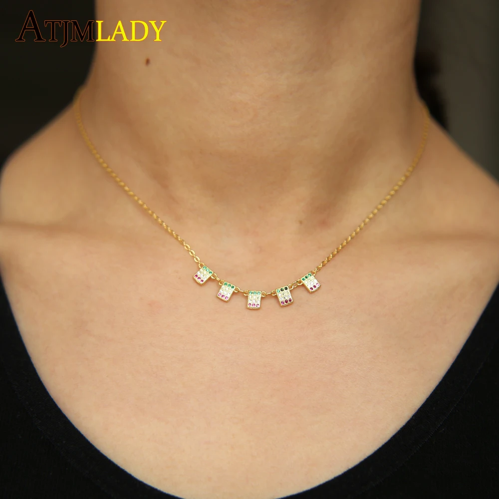 

925 sterling silver gold women choker necklace for valentines gift 5pc square cz charm pendant delicate tiny necklace stamped925