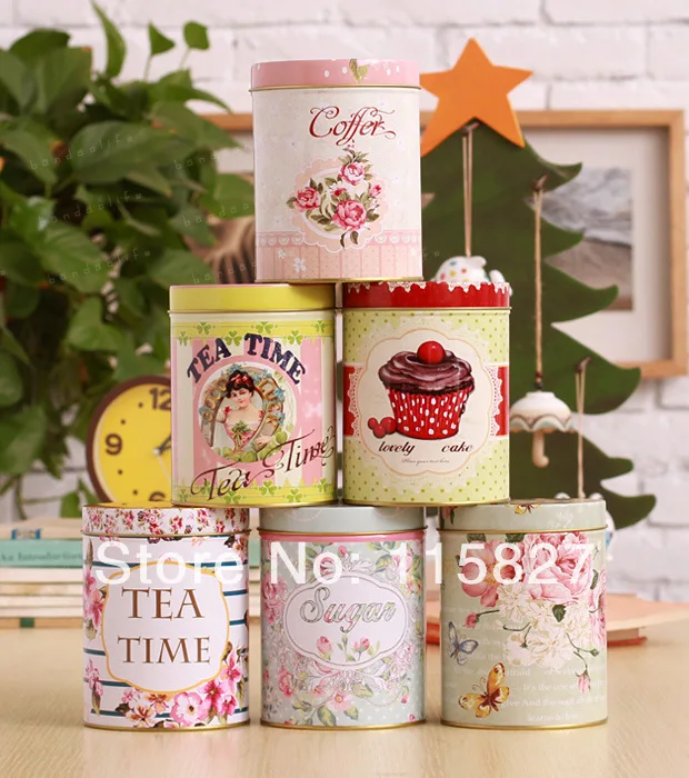

Free Shipping!Round shape Tea Canister Tin case Metal candy container Iron Storage Box Gift case Mix design Sweet case