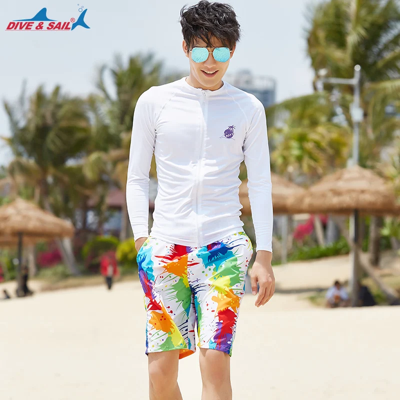 2 Piece Rash Guards Men's Long Sleeve Zipper Shirt + Printed Trunks