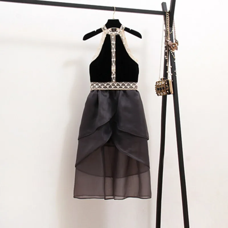 

Summer Women Three Piece Sets Casual Sexy Short Vest Beading Tops + Elastic Waist Shorts Organza Skirt suit Set 3 Piece Set
