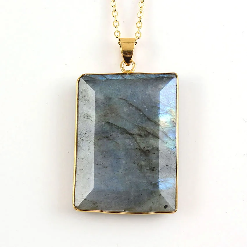 

Trendy-beads Light Yellow Gold Color Labradorite Stone Square Section Pendant Link Chain Necklace Fashion Jewelry