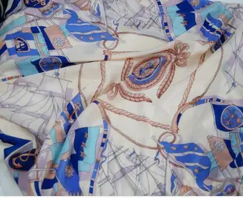 

The spring of 2020Captain's voy, Mediterranean style fabric 14 heavy silk crepe de Chine cloth printed shirt female nautical map