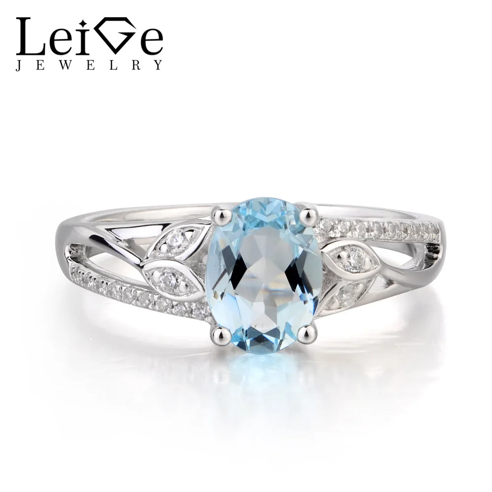 Leige Jewelry Promise Ring Natural Aquamarine Ring March Birthstone