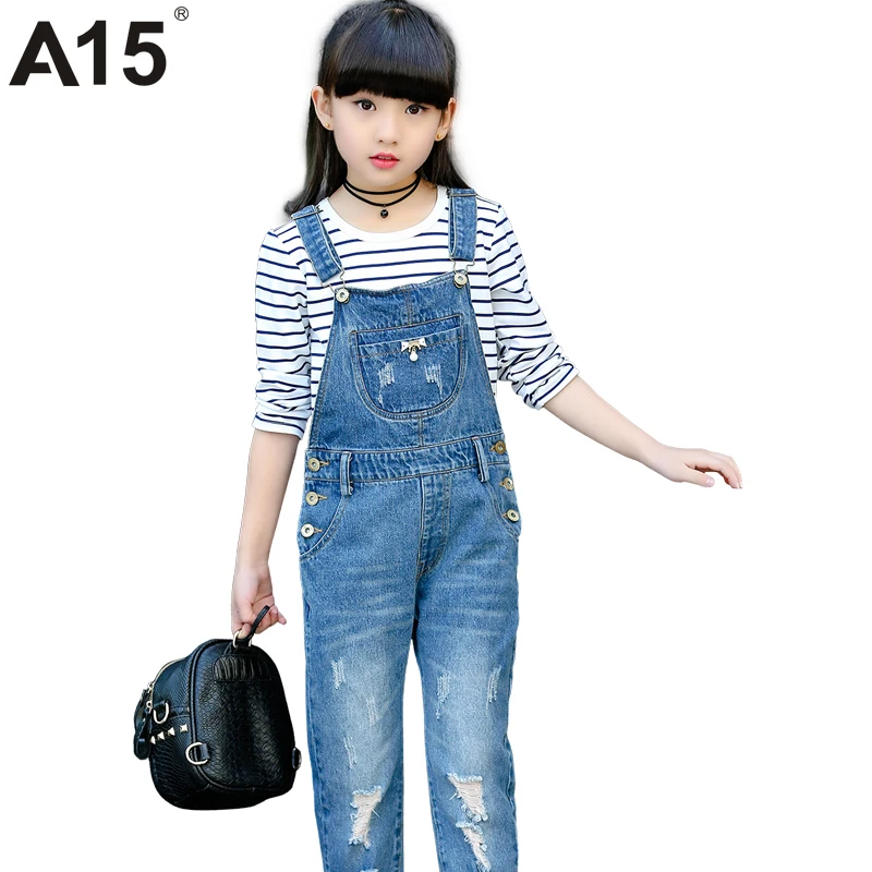

A15 Spring Hole Ripped Jeans for Girl Kids Clothing Denim Jumpsuit Overall Jeans Garcon Clothes Children Trousers Age 4 8 9 Year