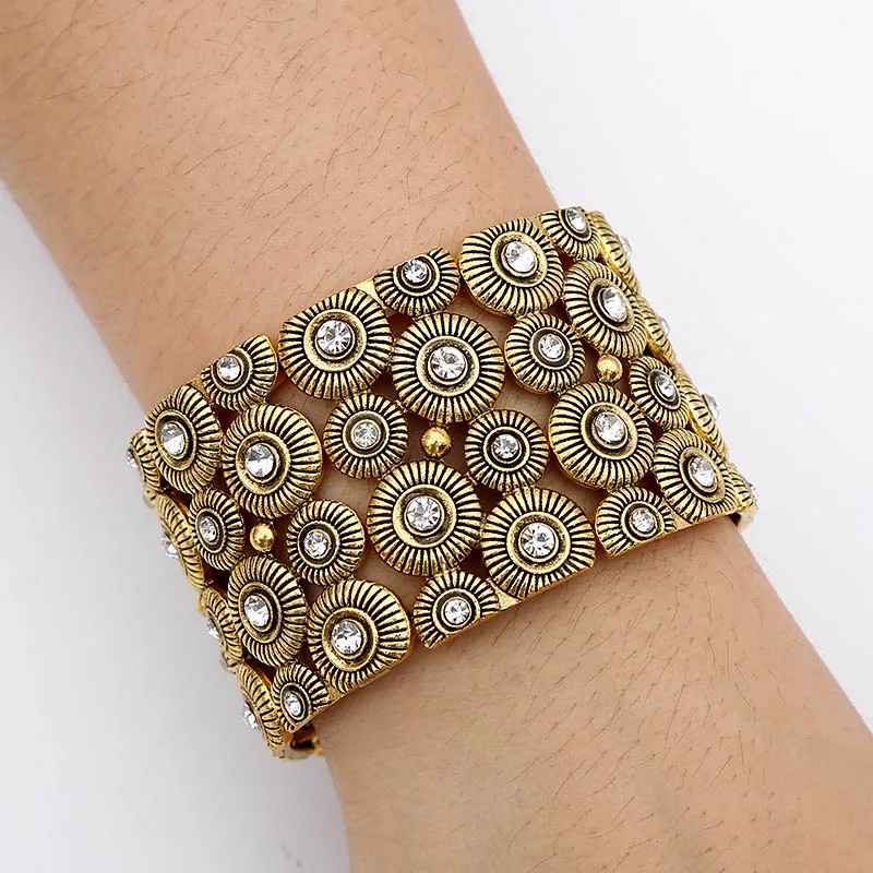 Бренд Crazy Feng, модные ювелирные изделия золотистого цвета, растягивающийся браслет и браслет для женщин, широкие хрустальные браслеты, Прямая поставка