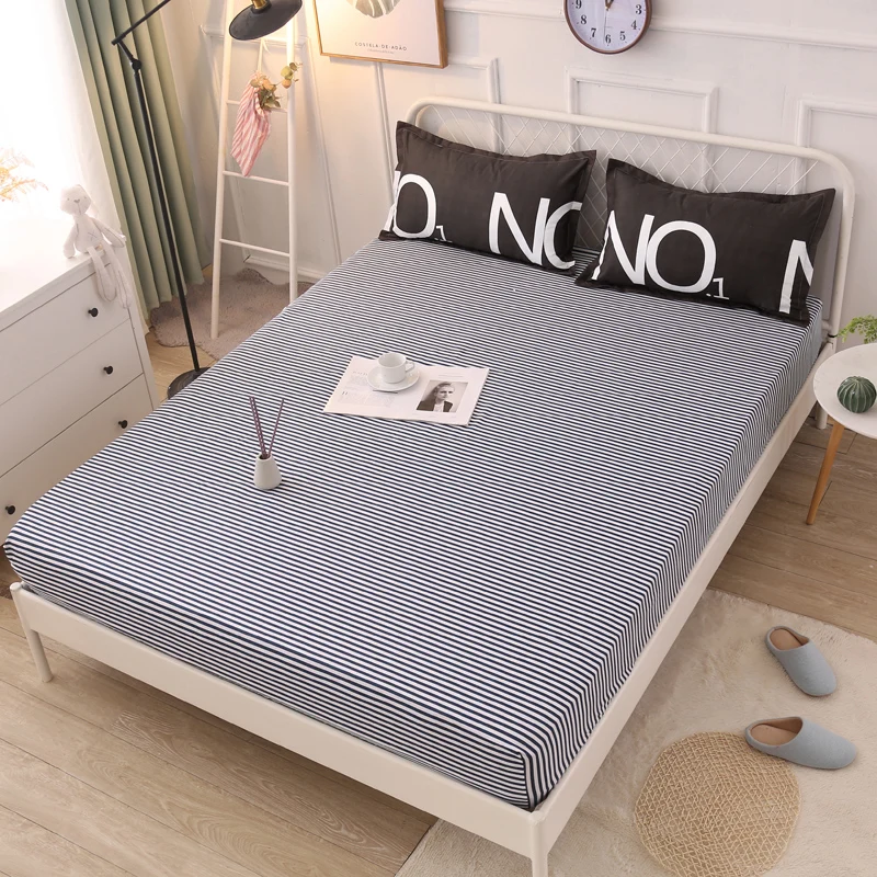 

New Gray Stripe Printing Bed Mattress Cover Protector Air-Permeable Home Textile Mattress Cover Grippers Bed Linens
