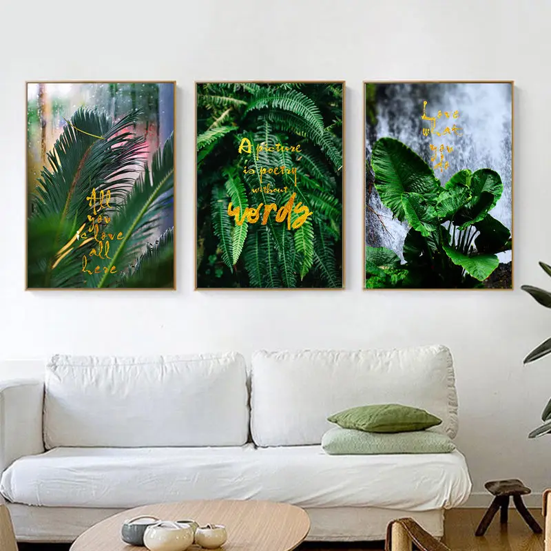 3 panels Nordic style Green leaf canvas painting posters and print modern decor wall art pictures for living room dinning room