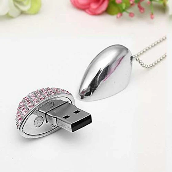 16 г USB ключ 2,0 памяти сердце тип с кристаллом кулон цепочки и ожерелья Stick Flash Drive подарок розовый