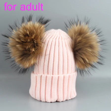 Зимние шапки для родителей и детей, шапка с помпоном из натурального меха енота, Детская Хлопковая вязаная шапка для мальчиков и девочек, Skullies Beanies - Цвет: adult  pink