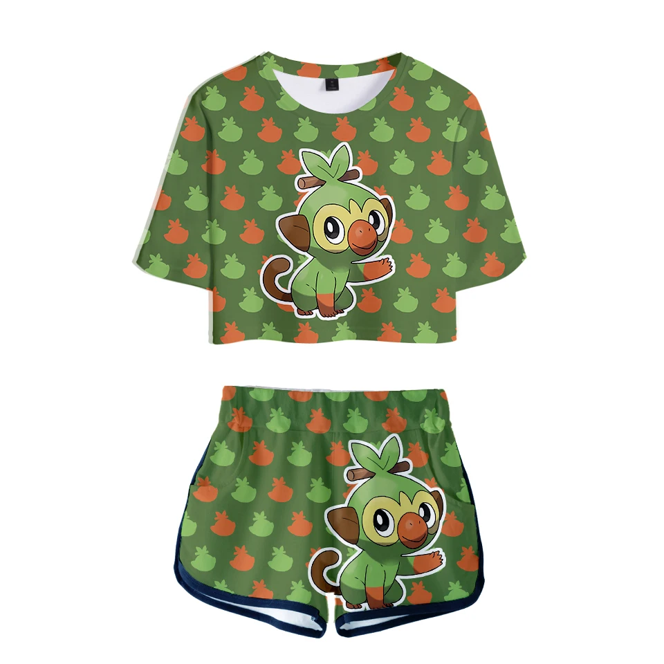 Pokemon Sword and Shield Casual Cartoon 3D College style Sexy fashion Women's Navel T-shirt + shorts suit cotton short-sleeved