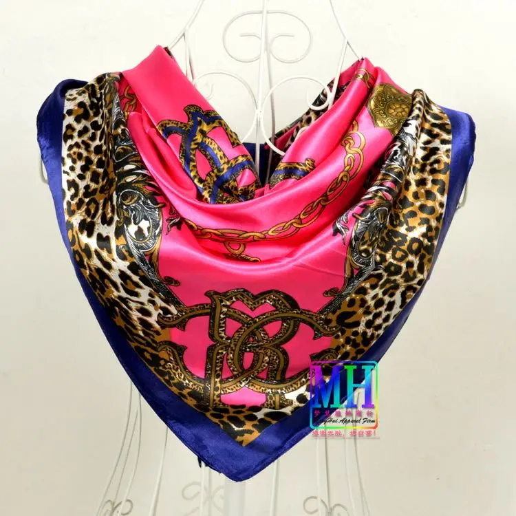 leopard rose red Элегантный женский большой квадратный шелковый шарф с принтом, 90*90 см, модный весенний и осенний серый и фиолетовый Шелковый шарф из полиэстера, шаль - Цвет: leopard rose red