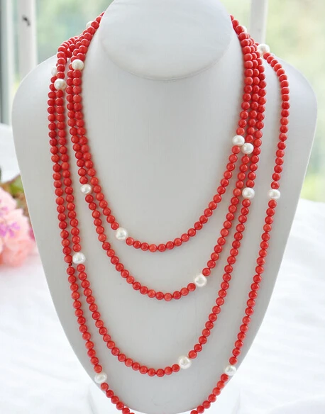 

Jew2771 100" 10mm round freshwater white pearl red coral bead necklace