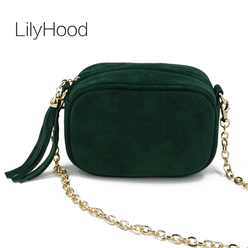 LilyHood Fashion Genuine Leather Shoulder Bag Summer Feminine Green Fringe Tassel Mini Peekaboo Crossbody Bag With