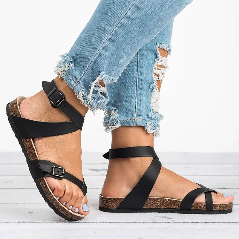 LOOZYKIT Basic Women Sandals 2019 New Women Summer Sandals Plus Size 43 Leather Flat Sandals Female Flip Flop Casual Beach Shoes