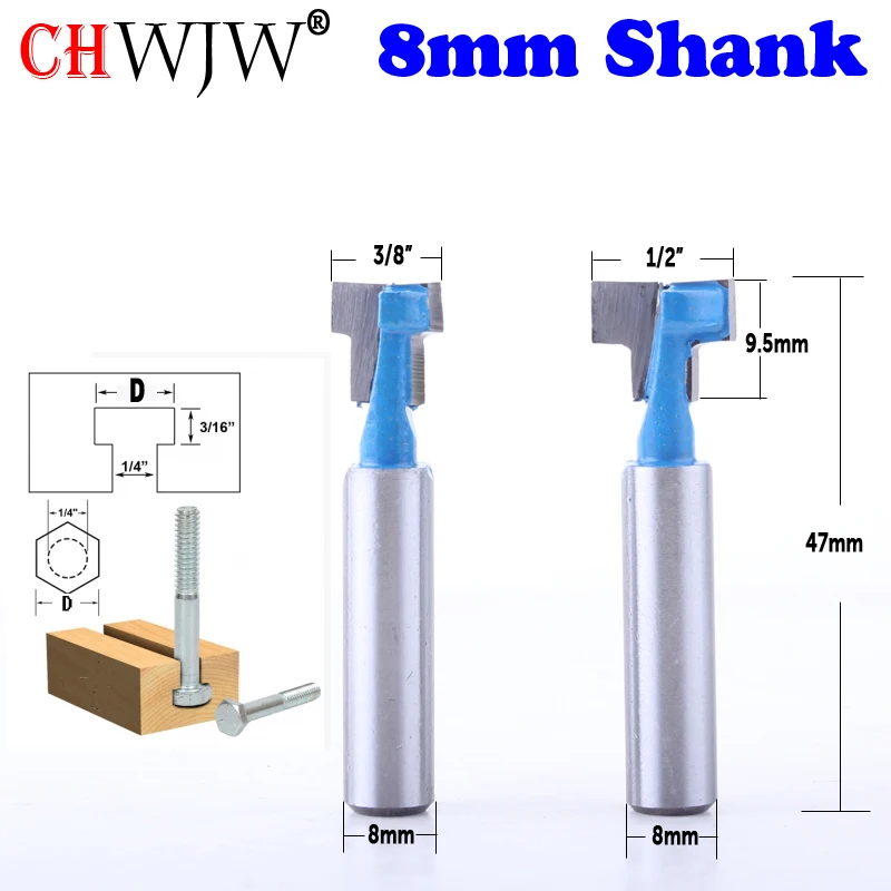 CHWJW 2 шт. 8 мм хвостовик Т-образный резак фрезы для 1/" шестигранный болт 9,52, 12,7 мм Диаметр древесины режущий инструмент