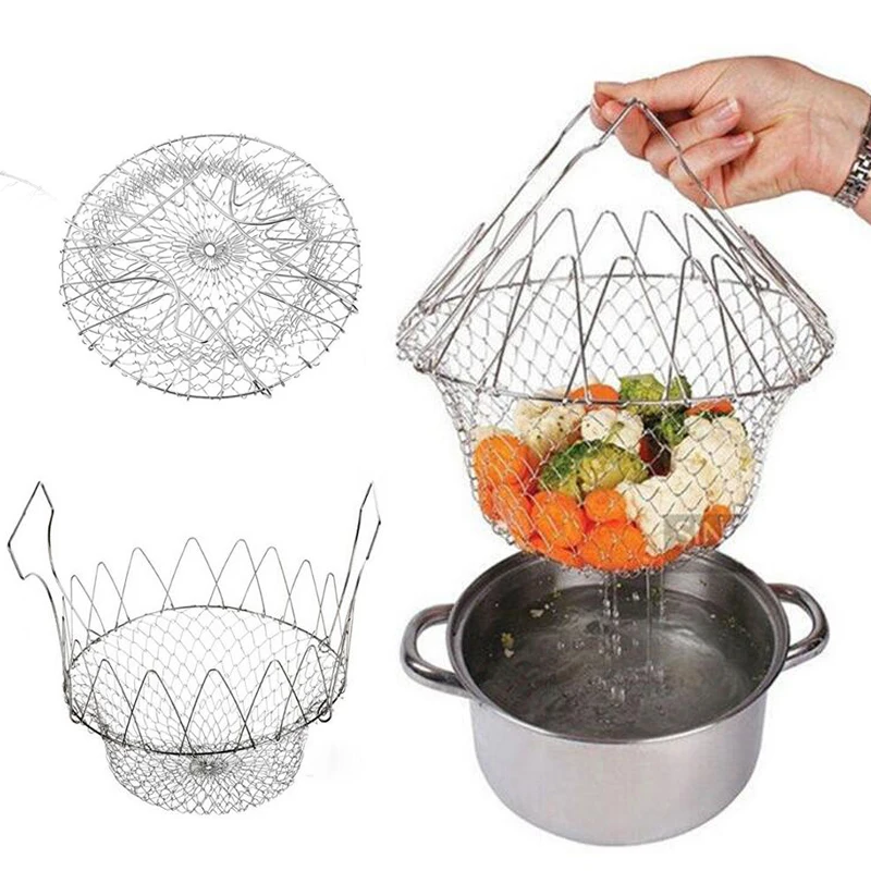 

Foldable Steam Rinse Strainer Stainless Steel Colander Mesh Basket Drainer Frying French Fryer Tool Kitchen Cooking Basket