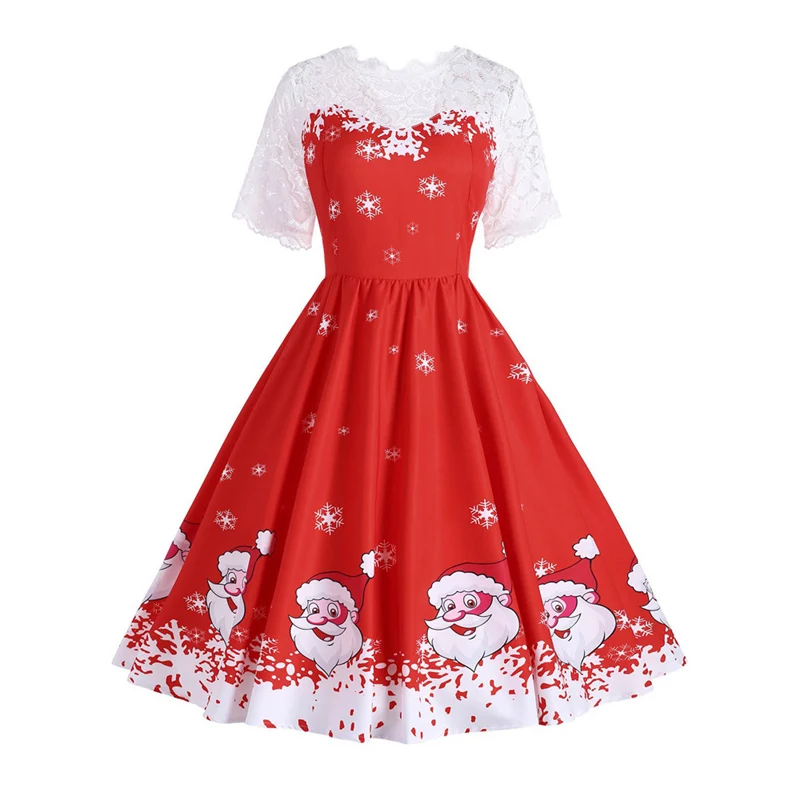 Kostlich Print Lace Pathchwork Dresses Hepburn Half Sleeves Vintage Dress Big Women Swing Christmas Dress Plus Size S-2XL (2)