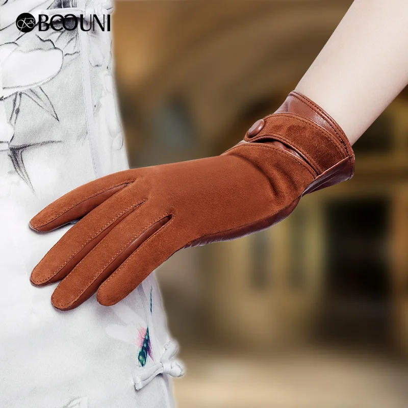BOOUNI Genuine Leather Gloves Fashion Women Suede Sheepskin Glove Thermal Winter Velvet Lining Driving Gloves NW563