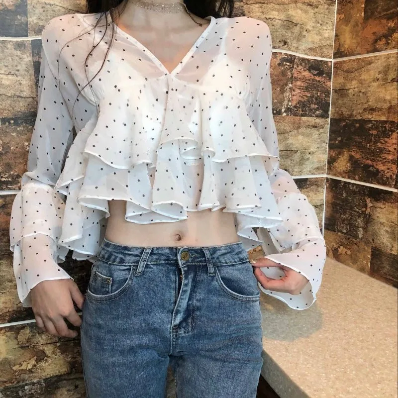 

2018 new Fashion Women Ladies Long Sleeve Loose Blouse Chiffon V Neck Casual Shirt Top Polka Dot