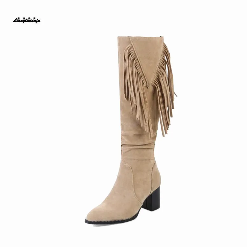 

Winter Knee-High boots Plus:34-47 48 Women Pointed Toe boots ladies Fashion 6cm Square heels Fringe Boots Short Plush Bottines