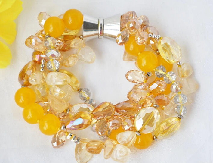 

free shipping 09575 4strands round yellow jade baroque drip ellipse crystal bracelet