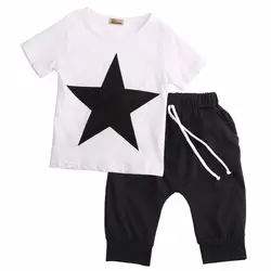 Футболка комплект одежды из 2 предметов: хлопковый белый топ и штаны-шаровары новая модель одежды с рисунком звезды для маленьких мальчиков