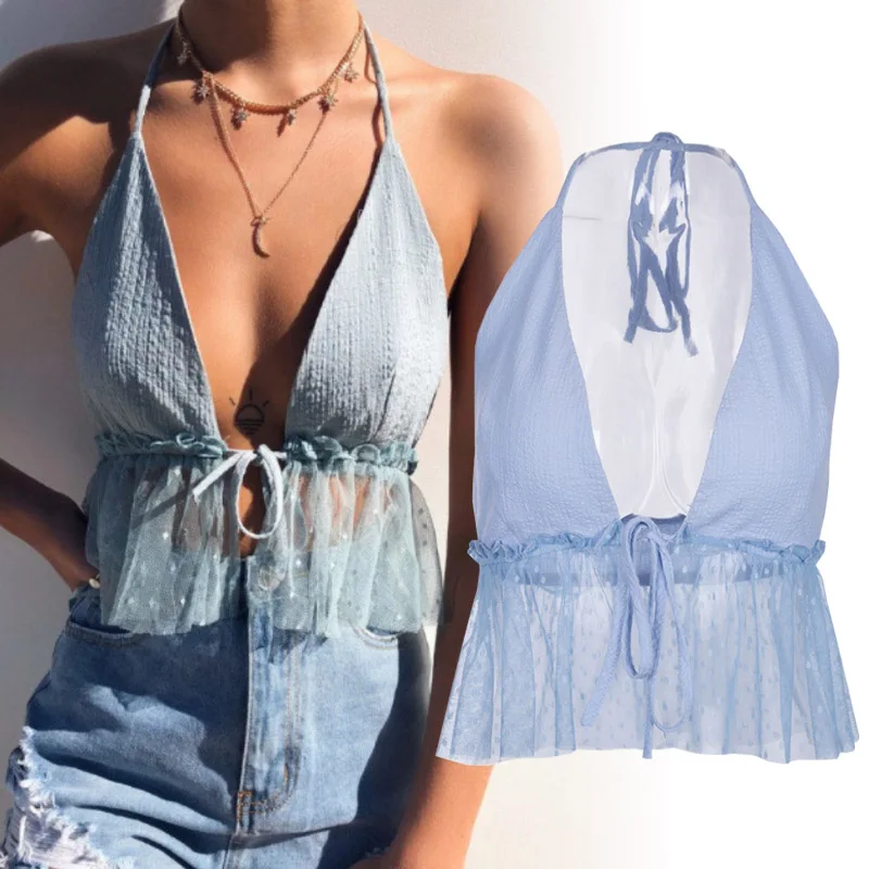 Women Halter Neck Front Chest Strap With Open Skyblue Transparent Gauze