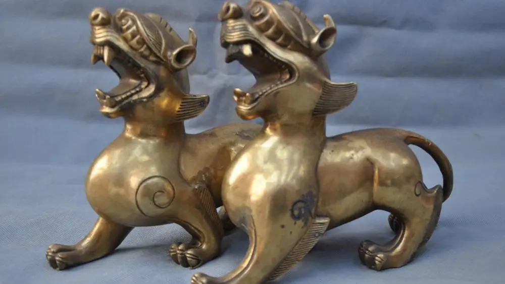 

9" China Folk Fengshui Pure Bronze Foo Dog Peking Lion Statue One Pair