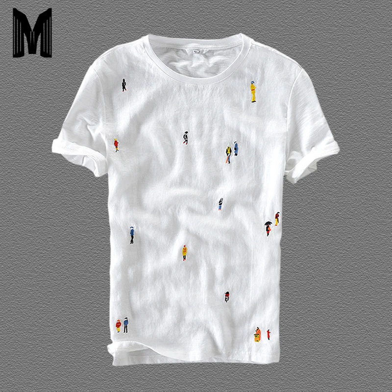 

2019 Summer Men Cotton Linen Short Sleeve White Cartoon Embroidery T Shirt Casual O-Neck Man Tops Asian Size M-XXXLY568
