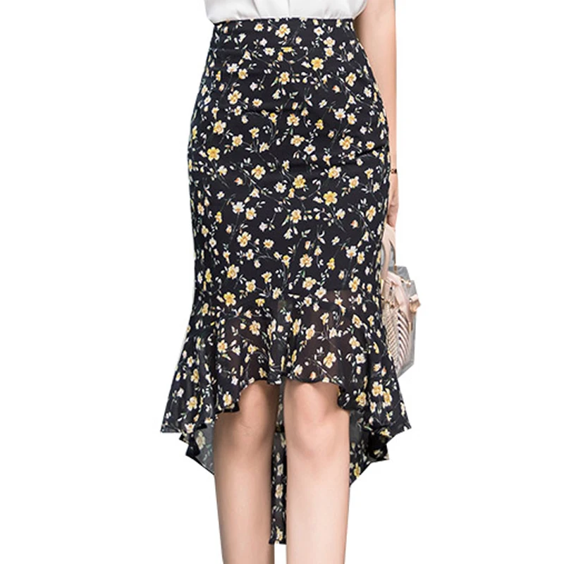 Asymmetric Frilled Mermaid Pencil Skirt Summer Print Chiffon Skirt