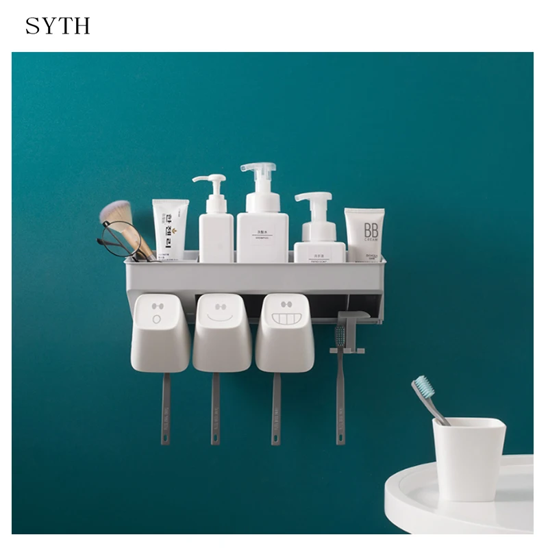 

SYTH Multifunction Suction Wall Type Storage Racks with Toothbrush Holder and Tooth Mug 3 Grids bathroom storage box Organizer