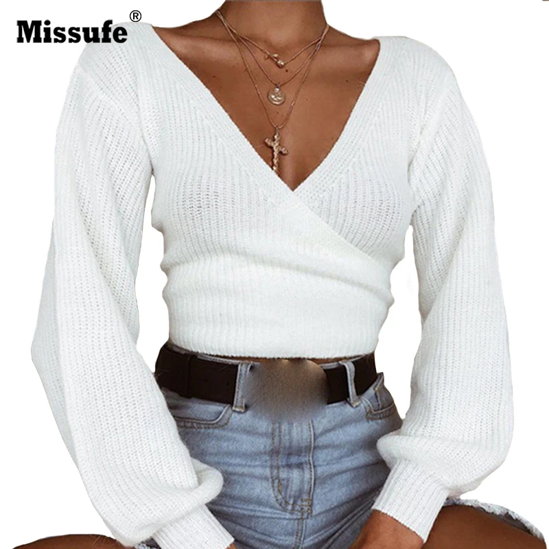 

Missufe V Neck Sexy Wrap Sweaters Bandage Warm 2018 Streetwear Autumn Winter Women White Sweater