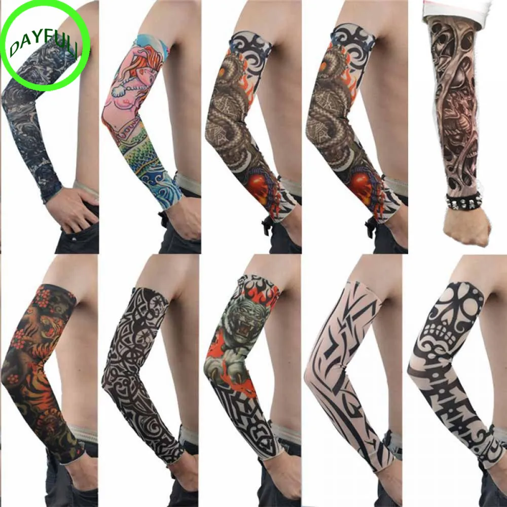 

50f# Arm Temporary Tattoo 10 Styles Mix Nylon Stretchy Temporary Tattoo Sleeves Fashion Arm Stockings