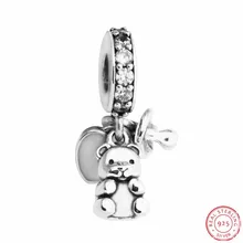 Медвежонок и пустышка и сердце Детские сокровища кулон бусины для самостоятельного изготовления ювелирных изделий Fit PANDORA Подвески Серебро 925 FL564