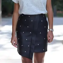 Женские юбки, модная женская юбка с высокой талией, искусственная кожа, жемчуг, тонкая юбка, женская нижняя черная юбка, WS6025M