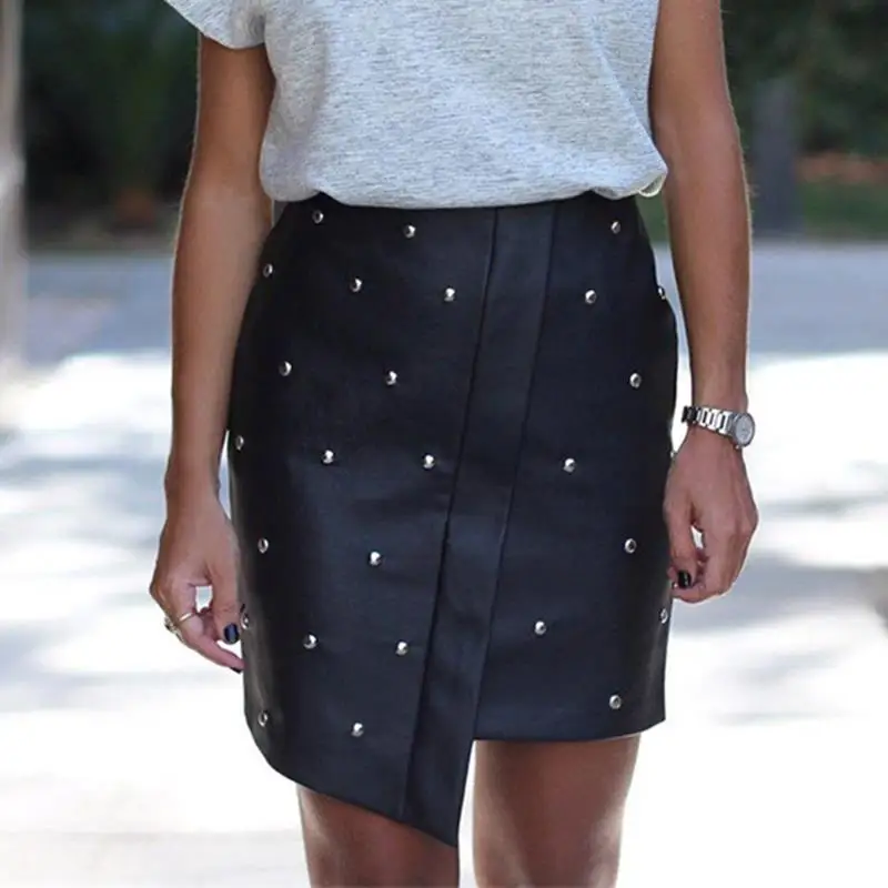 Women Skirts Fashion High Waist Skirt Women PU Leather Pearls Slim Skirt Women Bottom Black WS6025M