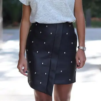 

Women Skirts Fashion High Waist Skirt Women PU Leather Pearls Slim Skirt Women Bottom Black WS6025M