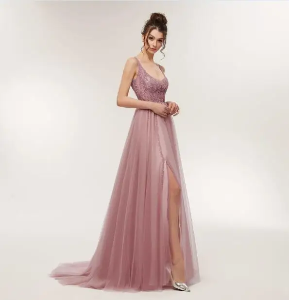 Сексуальное платье для Бала Low Neck A-Line бисерные вечерние платья длинное с разрезом роскошное выпусквечерние вечернее платье Robe de Soiree RE12 - Цвет: Розовый
