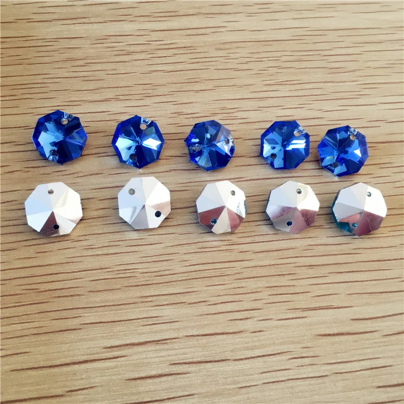 

New Arrives 14mm 50pcs Chandelier Octagonal Bead light blue with silver back Crystal Lamp Pendants Decoration Parts DIY
