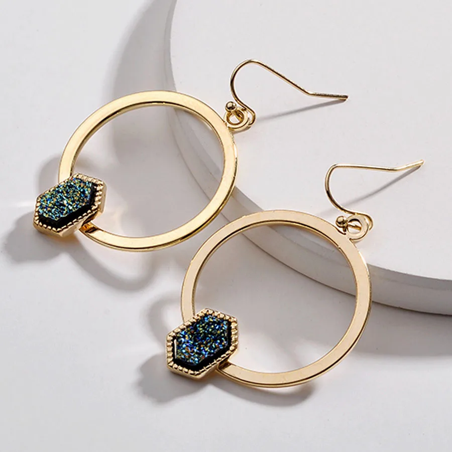 

Hui Dang New Arrival Metallic Resin Druzy Stone Earrings Round Circle Drop Dangle Earring for Women Girls