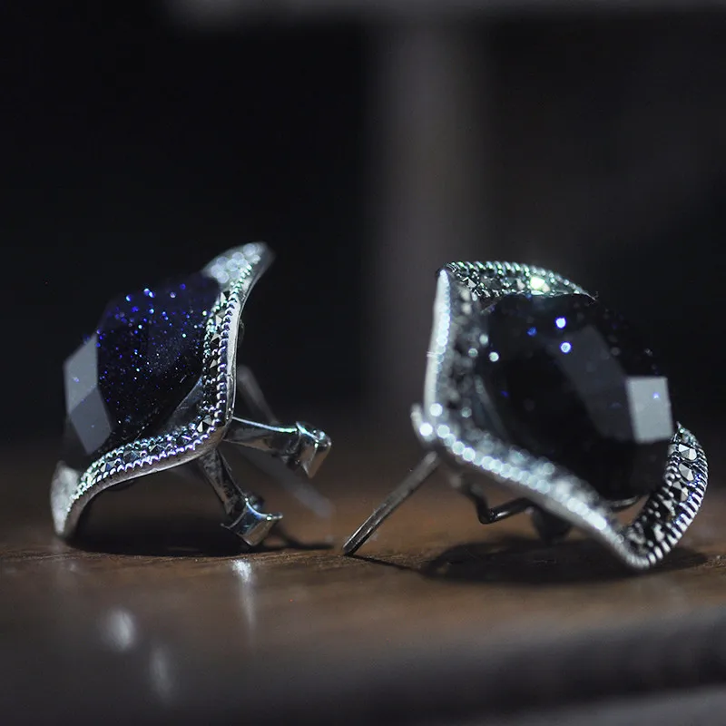 V.YA Blue Sand Stone 925 Sterling Silver Earrings Unique Twist Ear Clip Earrings Jewelry for Women Female Best Christmas Gift