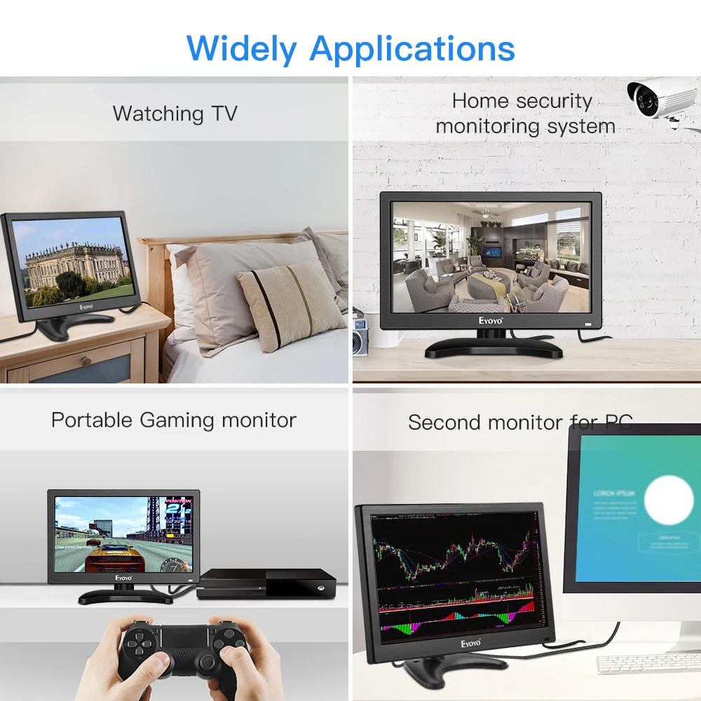  Eyoyo 12 inch 1920x1080 IPS LCD Screen Display HDMI TV Monitor Portable Kitchen TV with HDMI/VGA/AV - 32971207632