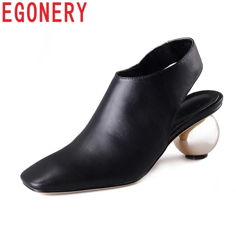 

EGONERY shoes 2019 fashion heels woman summer style slingbacks square toe good quality brand genuine leather upper women pumps