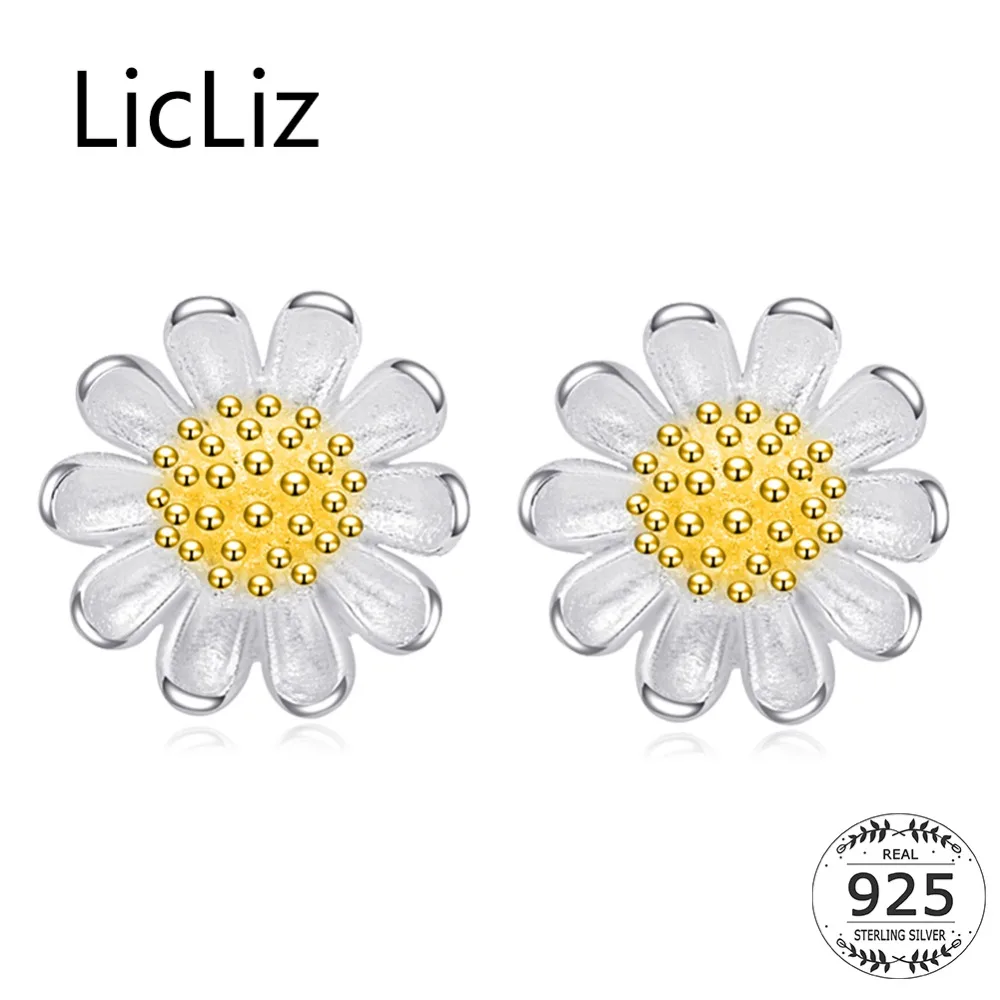 

LicLiz Sun Flower Style 925 Sterling Silver 2 Tone Gold Plated Stud Earring Top Jewelry For Women Girls Date Travel LE0070