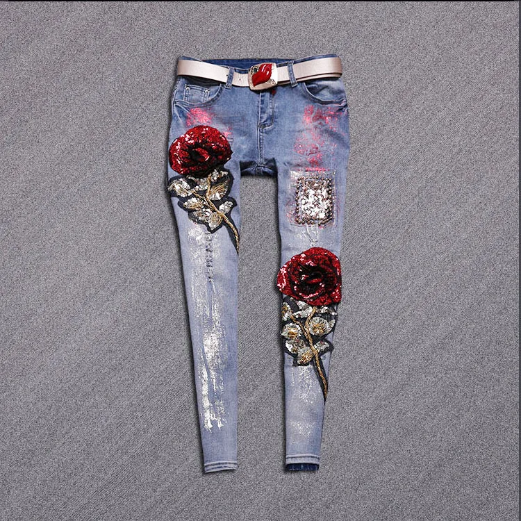 

With Belt! Europe Spring Autumn new women's jeans fashion heavy Beaded Flowers sequins slim pencil pants denim jeans NZ46