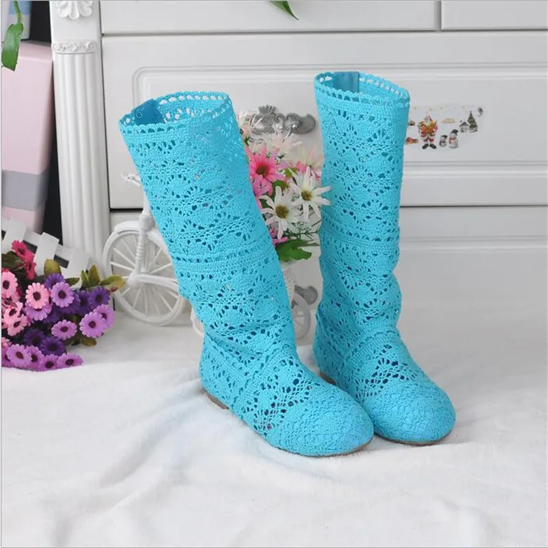 2023 spring and autumn knitted hollow boots flat bottom mesh high / low tube breathable fashion lace boots women's shoes