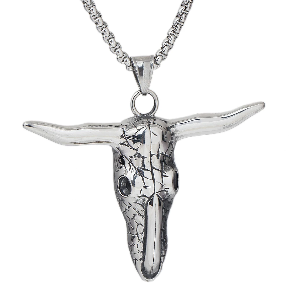 

African Tribe Style Tribal Bull Skull Head Pendant Necklace Gothic Men's Stainless Steel Cow Jewellery