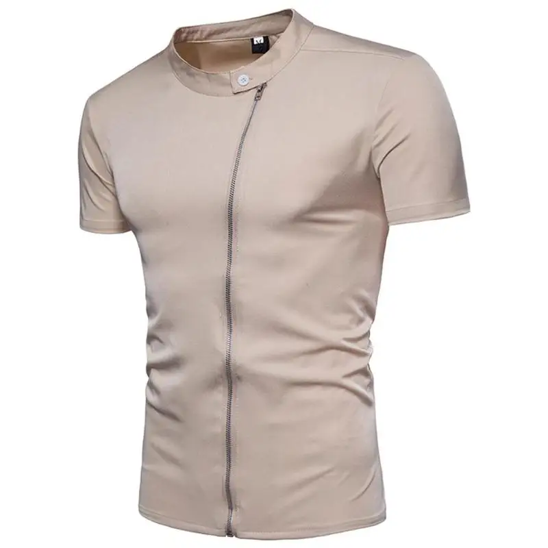 Men Short Sleeve Oblique Zipper Shirt Stand Collar Pure Color Cotton